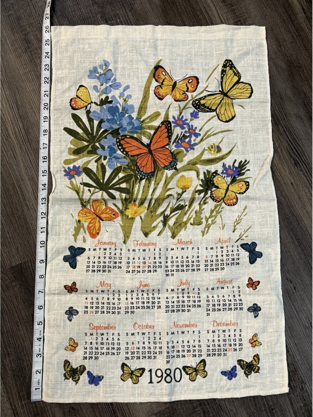Vintage 1980 Linen Kitchen Calendar Tea Towel or Wall Hanging Butterflies - Picture 3 of 4